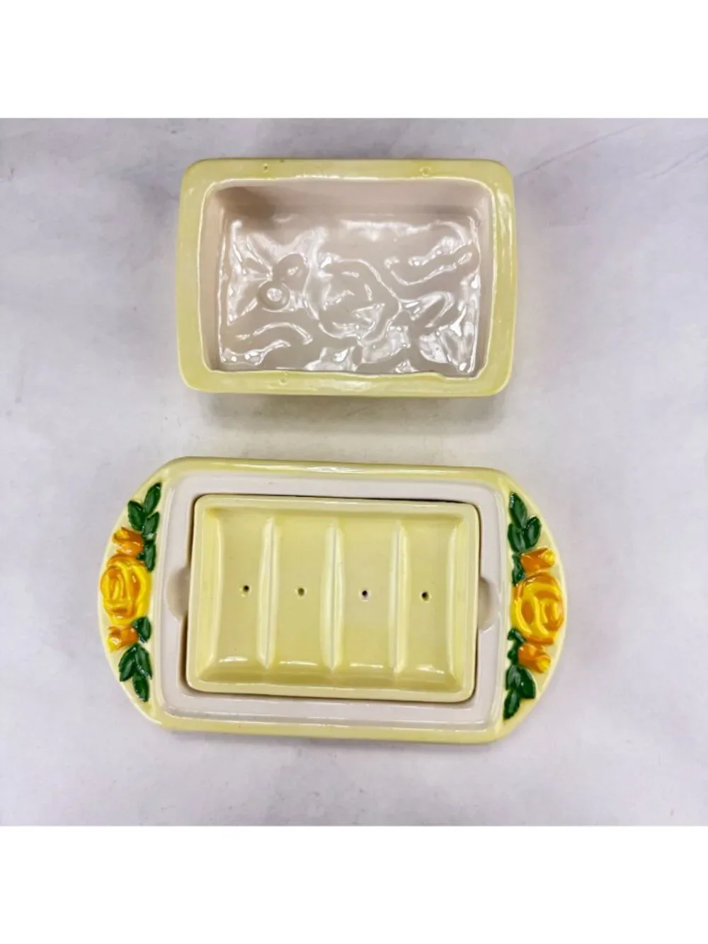 Vintage Hand Painted 3 Piece Soap Dish Yellow Roses